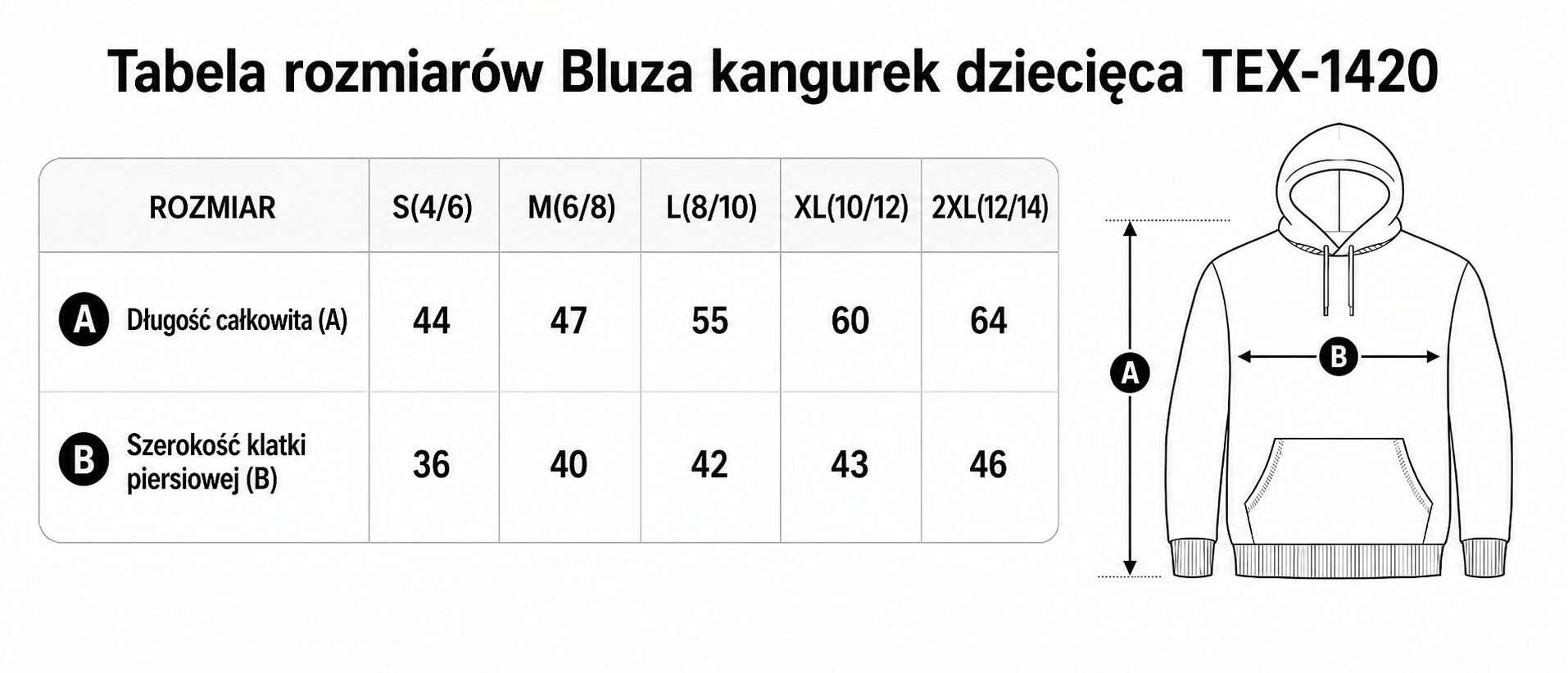 Tabela rozmiarów - Dziecięca bluza kangurka z Twoim nadrukiem