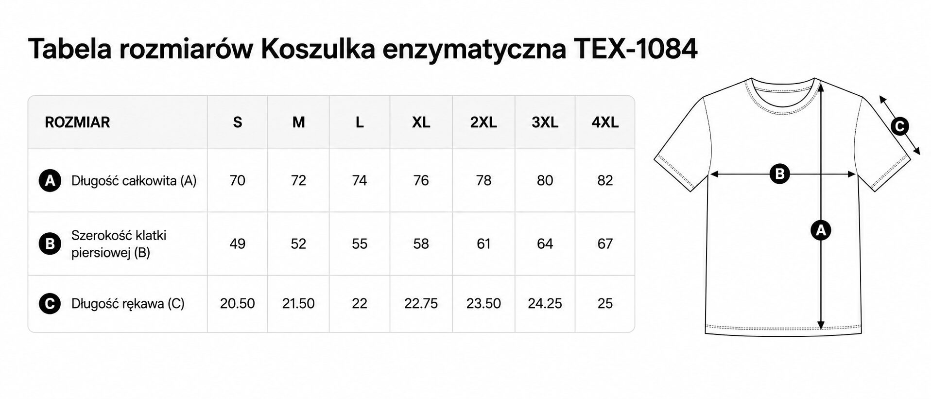 Tabela rozmiarów - Koszulka bawełniana prana enzymatycznie z Twoim nadrukiem