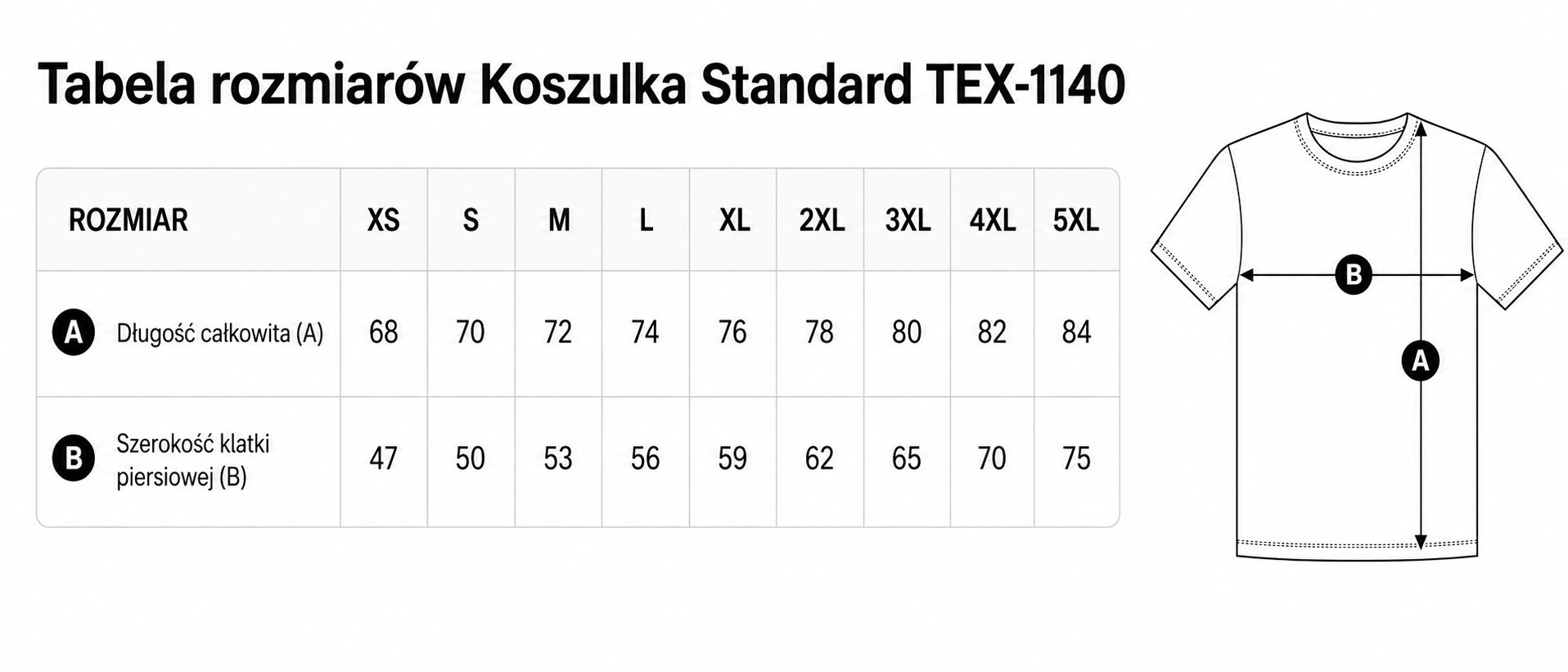 Tabela rozmiarów - Koszulka bawełniana Standard z Twoim nadrukiem
